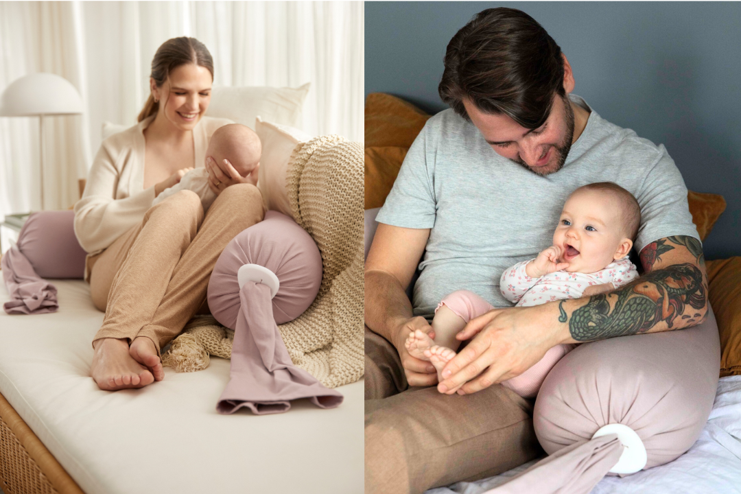 parents with baby and bbhugme pillow