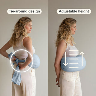 Woman using a tie-around design nursing pillow
