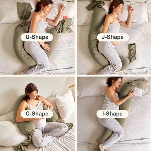 Woman using different shaped body pillows on a bed